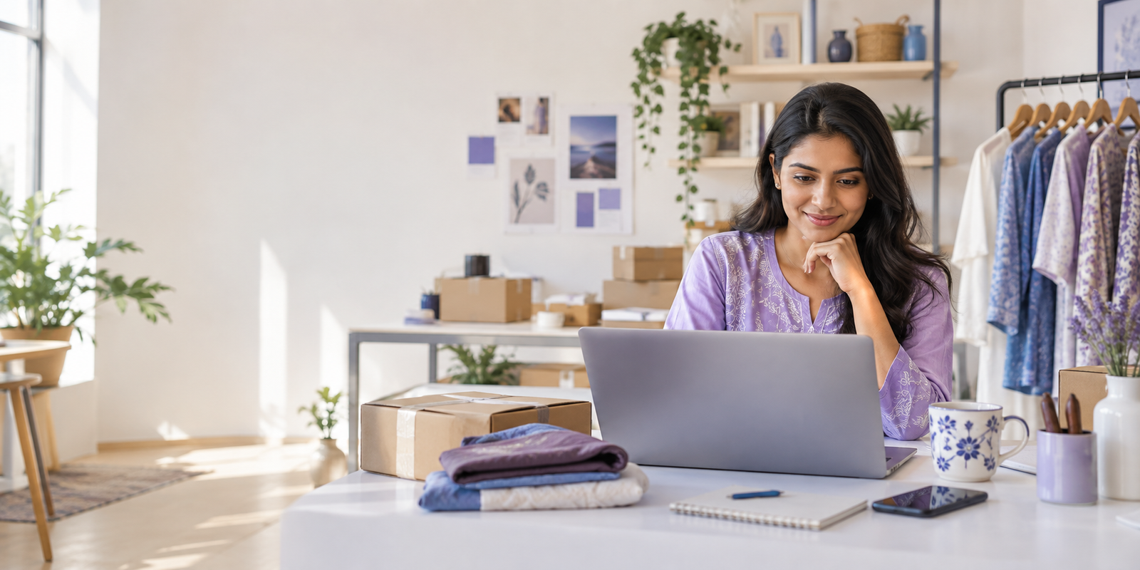 Marketplace seller reviewing her business on a laptop